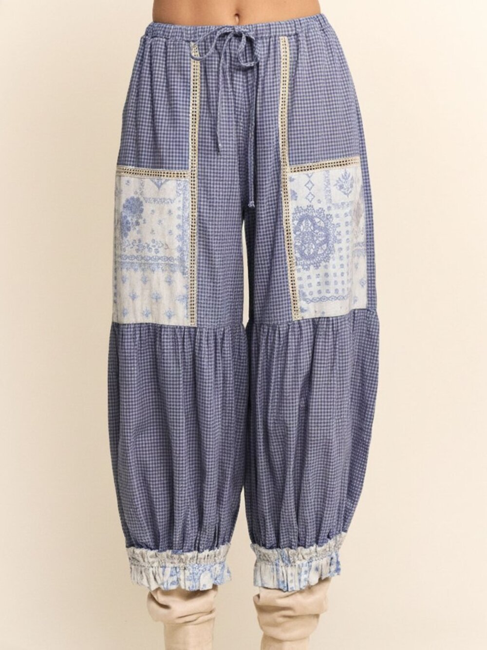 Davi & Dani Contrast Patchwork Bloomer Pants in Blue